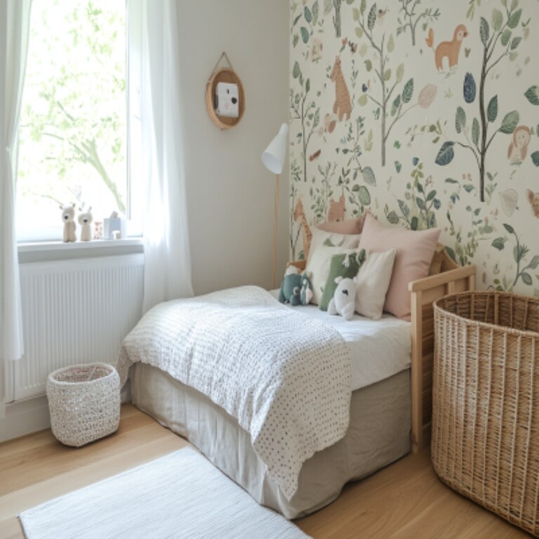 Scandinavian Kids Room Design With Nature-Themed Wallpaper And Dual-Toned Queen